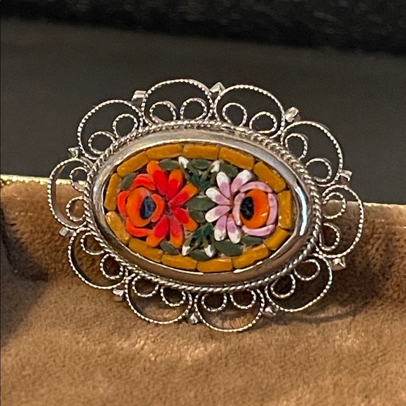 Vintage Italian Micro Mosaic Floral Filigree Framed Brooch - Picture 4 of 6